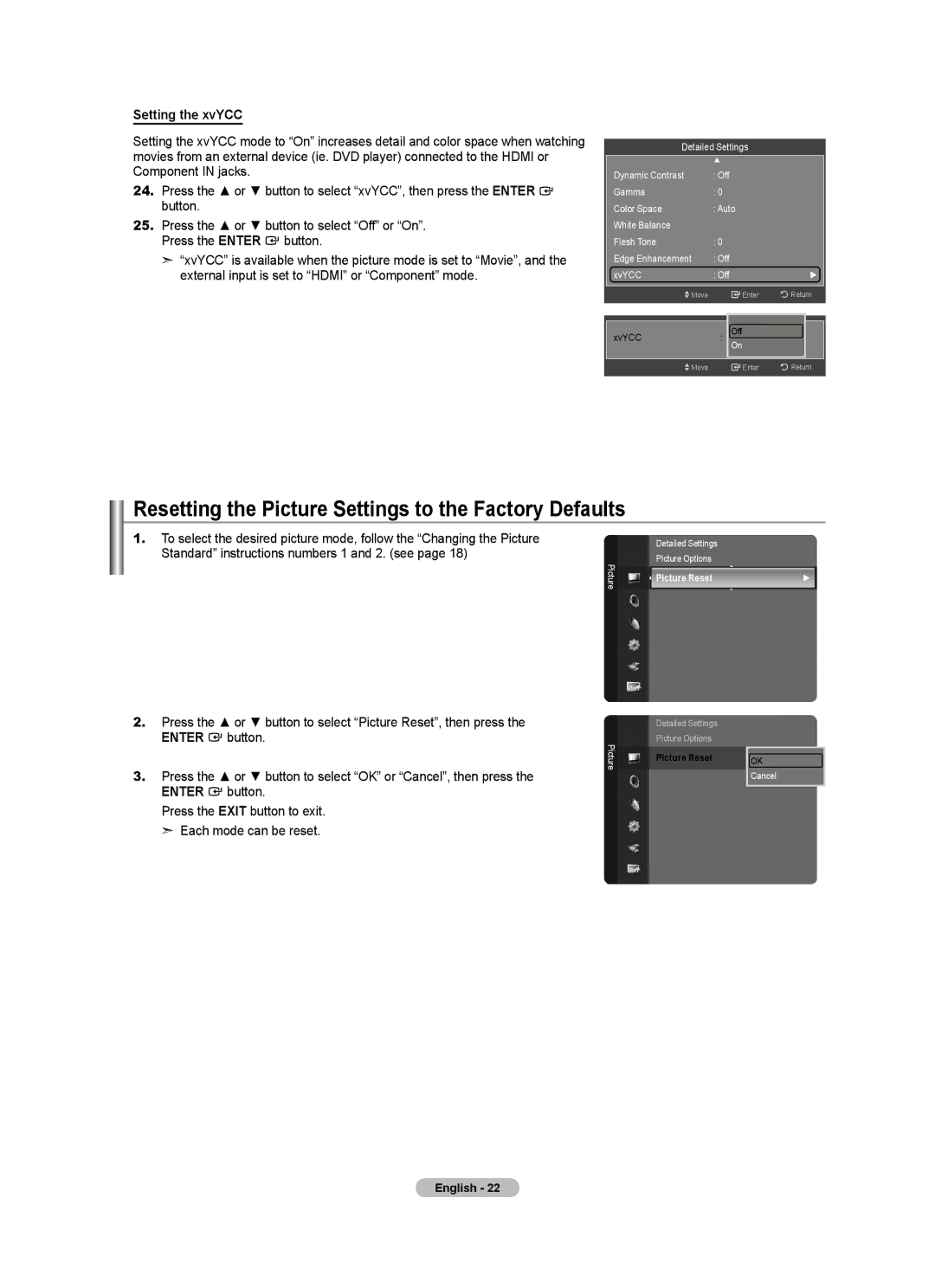 Samsung LN40A500T1F, LN46A500T1F Resetting the Picture Settings to the Factory Defaults, Setting the xvYCC, Picture Reset 