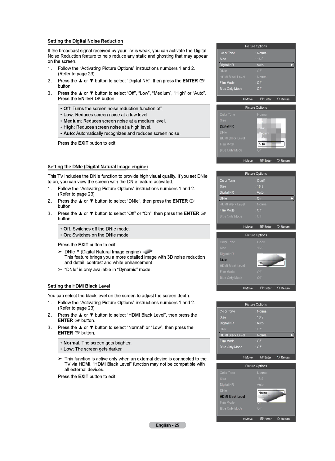 Samsung LN46A500T1F, LN40A500T1F Setting the Digital Noise Reduction, Setting the DNIe Digital Natural Image engine 