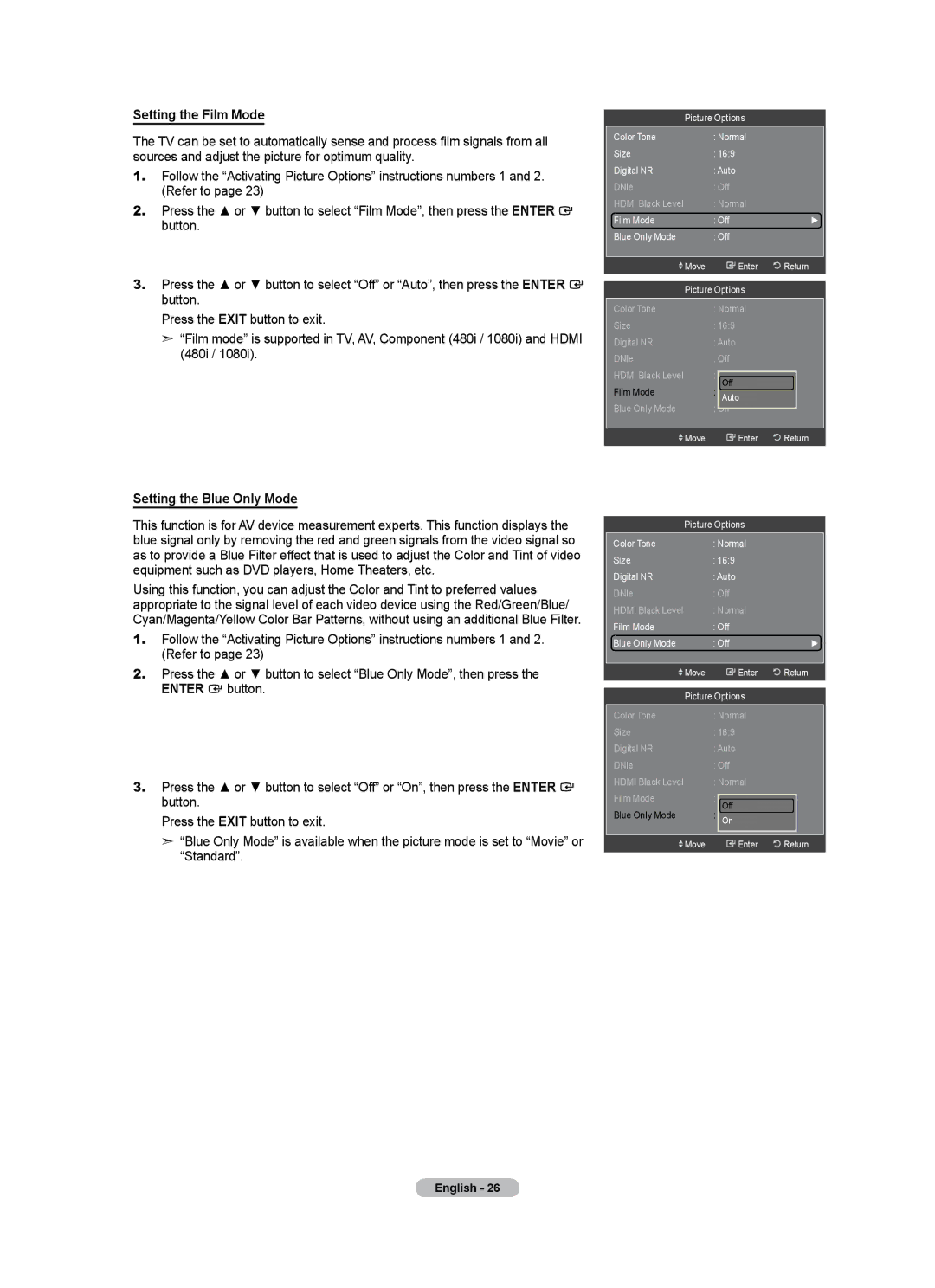 Samsung LN40A500T1F, LN46A500T1F user manual Setting the Film Mode, Setting the Blue Only Mode 