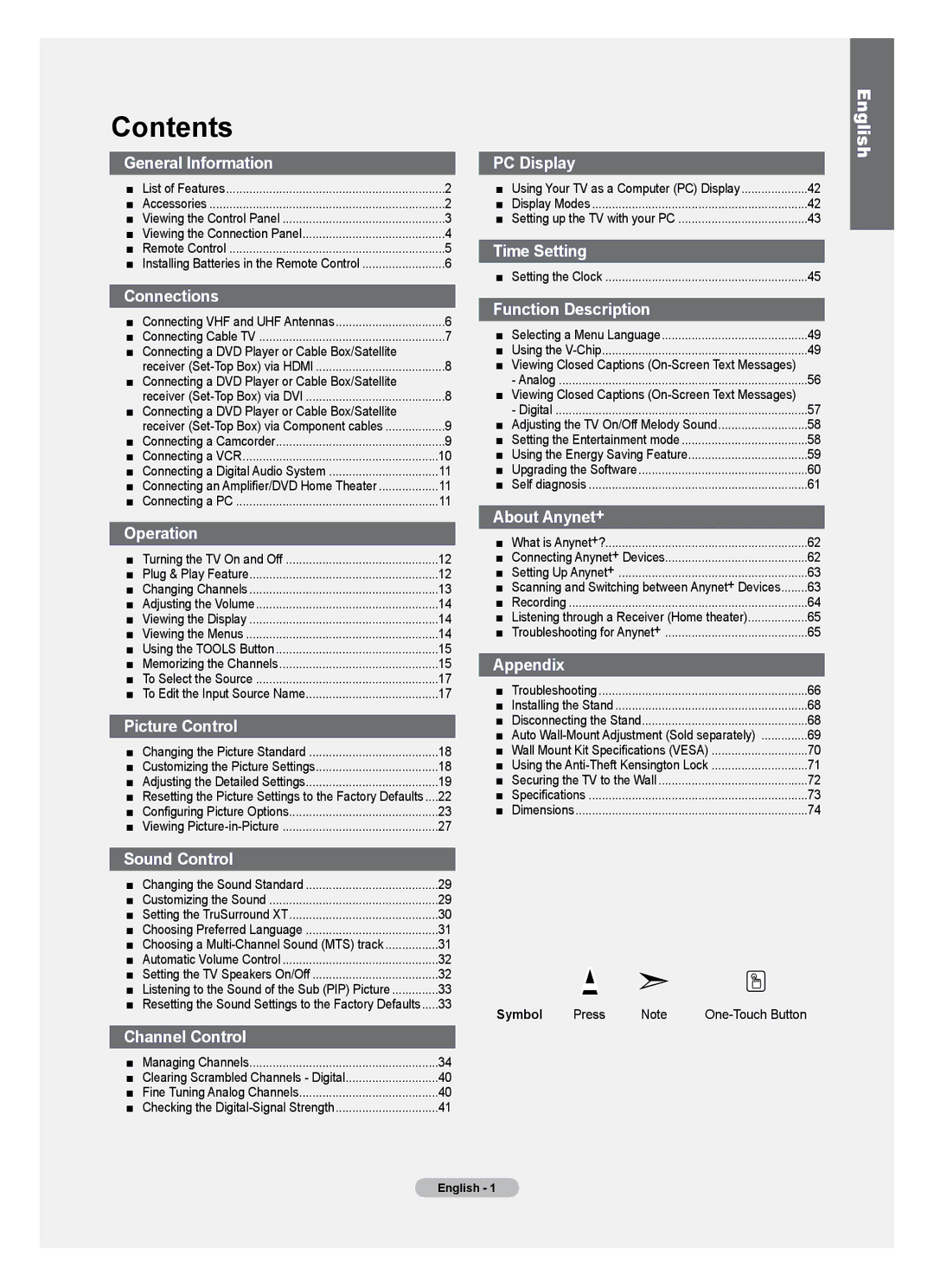 Samsung LN46A500T1F, LN40A500T1F user manual Contents 