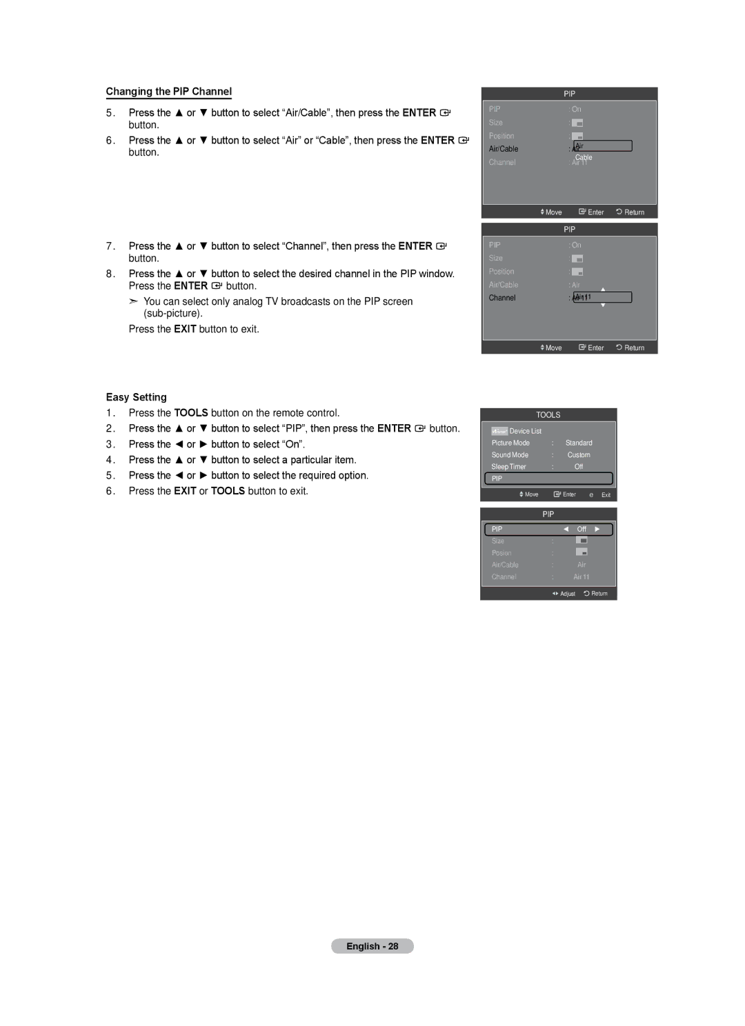 Samsung LN40A500T1F, LN46A500T1F user manual Changing the PIP Channel, Easy Setting 