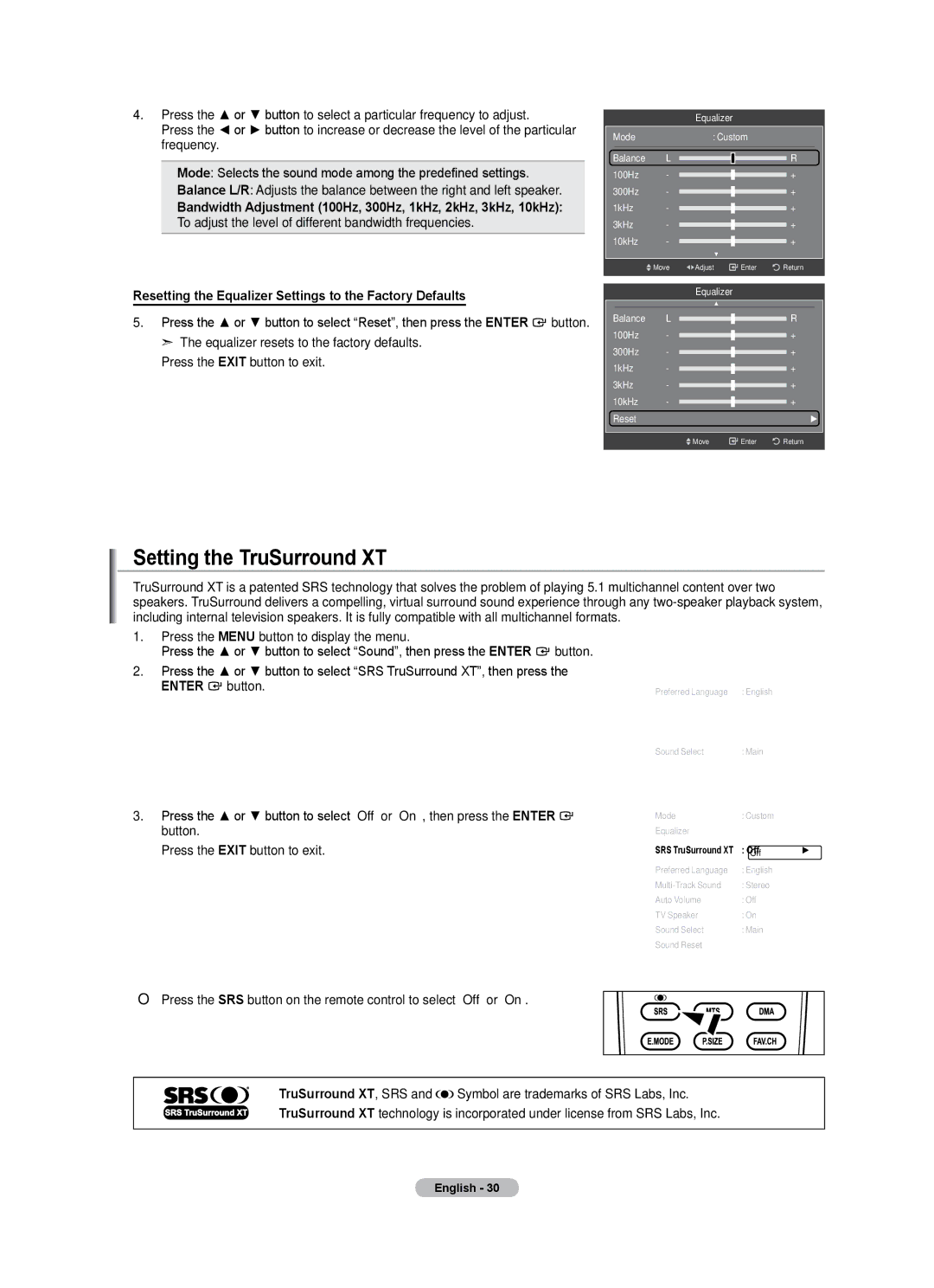 Samsung LN40A500T1F, LN46A500T1F Setting the TruSurround XT, Resetting the Equalizer Settings to the Factory Defaults, Off 