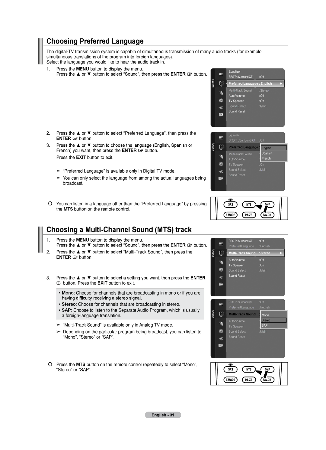 Samsung LN46A500T1F Choosing Preferred Language, Choosing a Multi-Channel Sound MTS track, Preferred Language English 