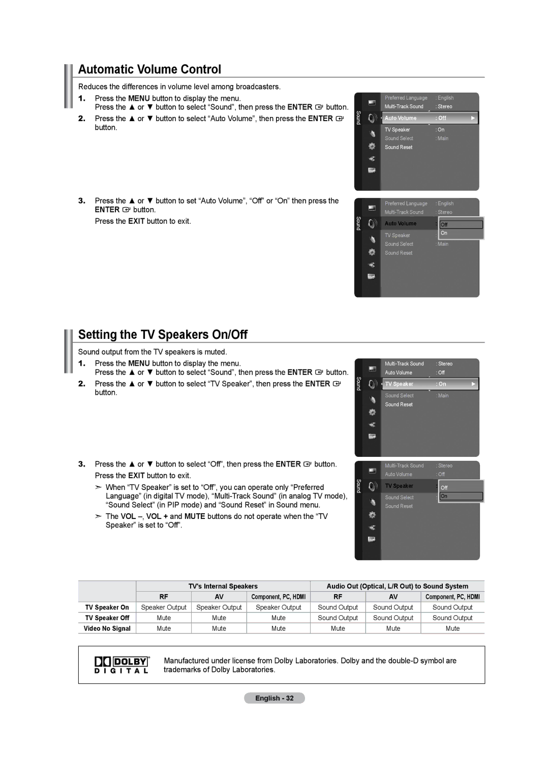 Samsung LN40A500T1F, LN46A500T1F user manual Automatic Volume Control, Setting the TV Speakers On/Off, Auto Volume Off 