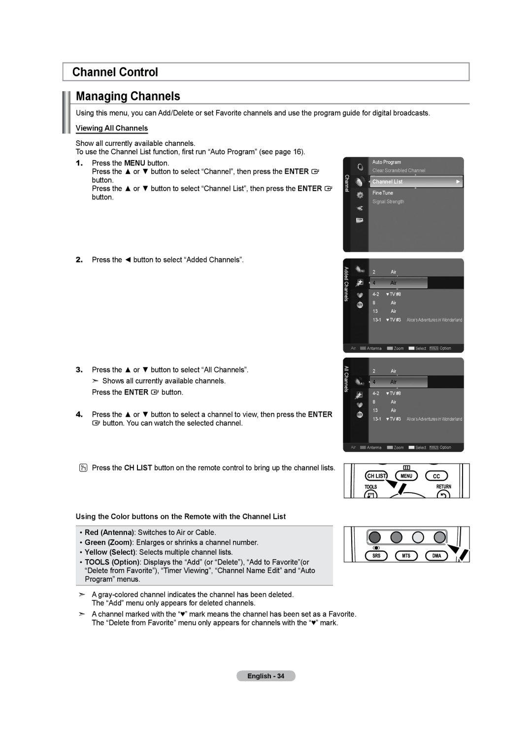 Samsung LN40A500T1F Channel Control Managing Channels, Viewing All Channels, Button. You can watch the selected channel 