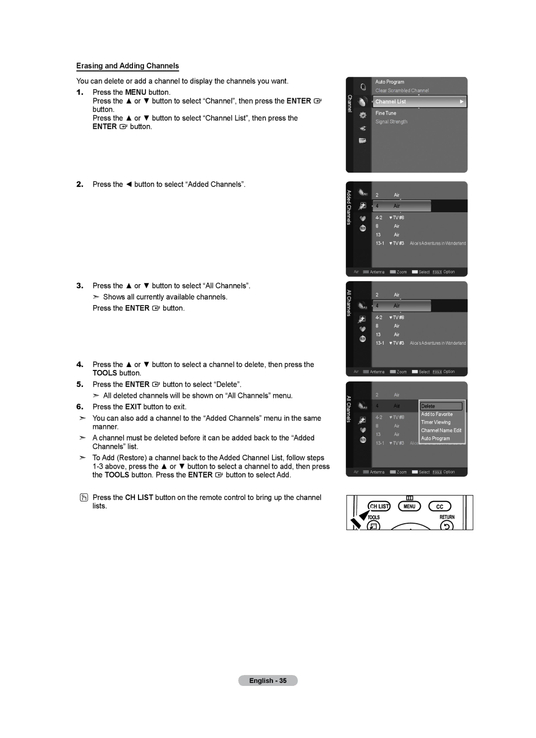 Samsung LN46A500T1F, LN40A500T1F user manual Erasing and Adding Channels 