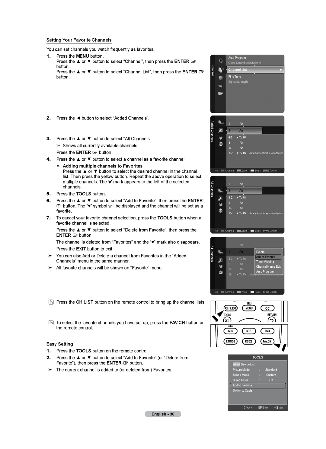 Samsung LN40A500T1F, LN46A500T1F user manual Setting Your Favorite Channels, Adding multiple channels to Favorites 