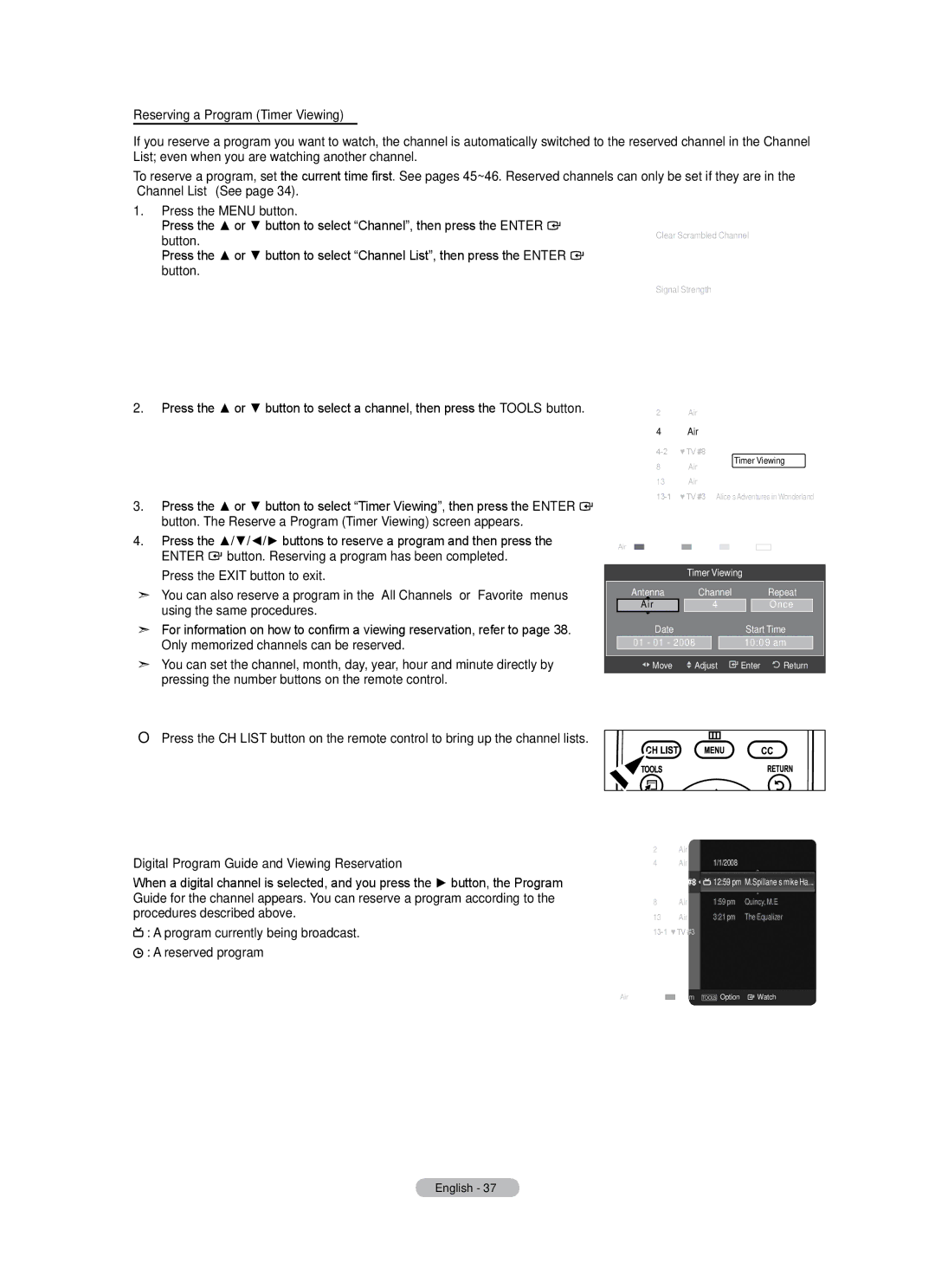 Samsung LN46A500T1F, LN40A500T1F Reserving a Program Timer Viewing, Digital Program Guide and Viewing Reservation, Antenna 