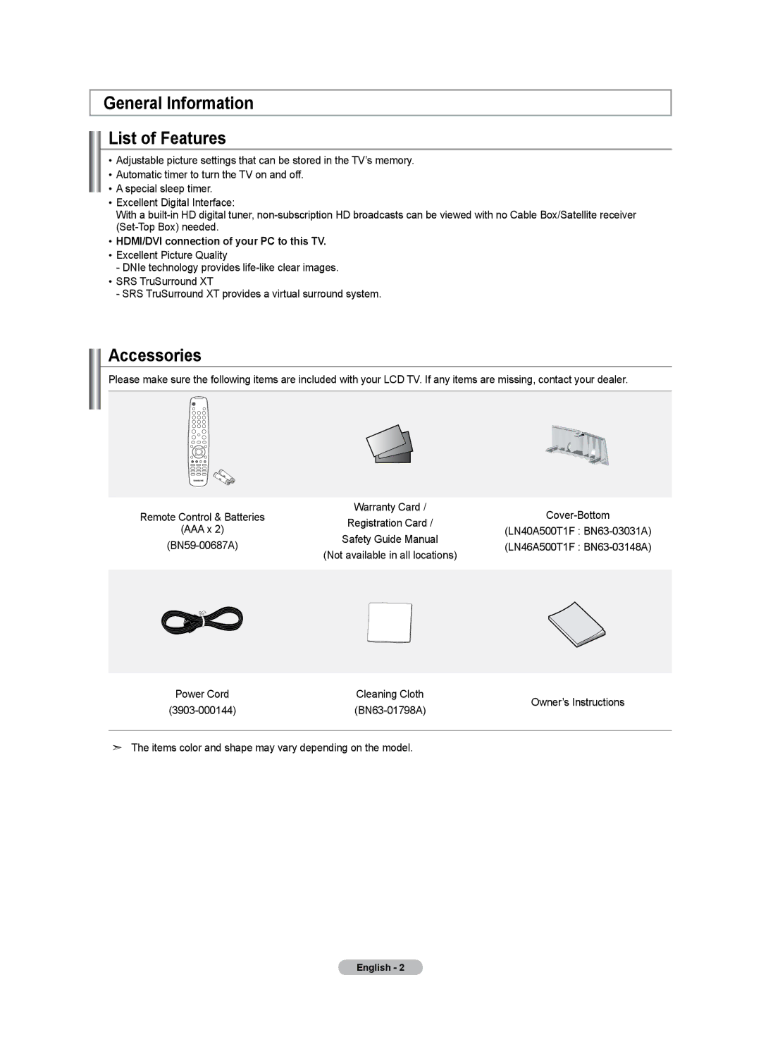 Samsung LN40A500T1F General Information List of Features, Accessories, HDMI/DVI connection of your PC to this TV 