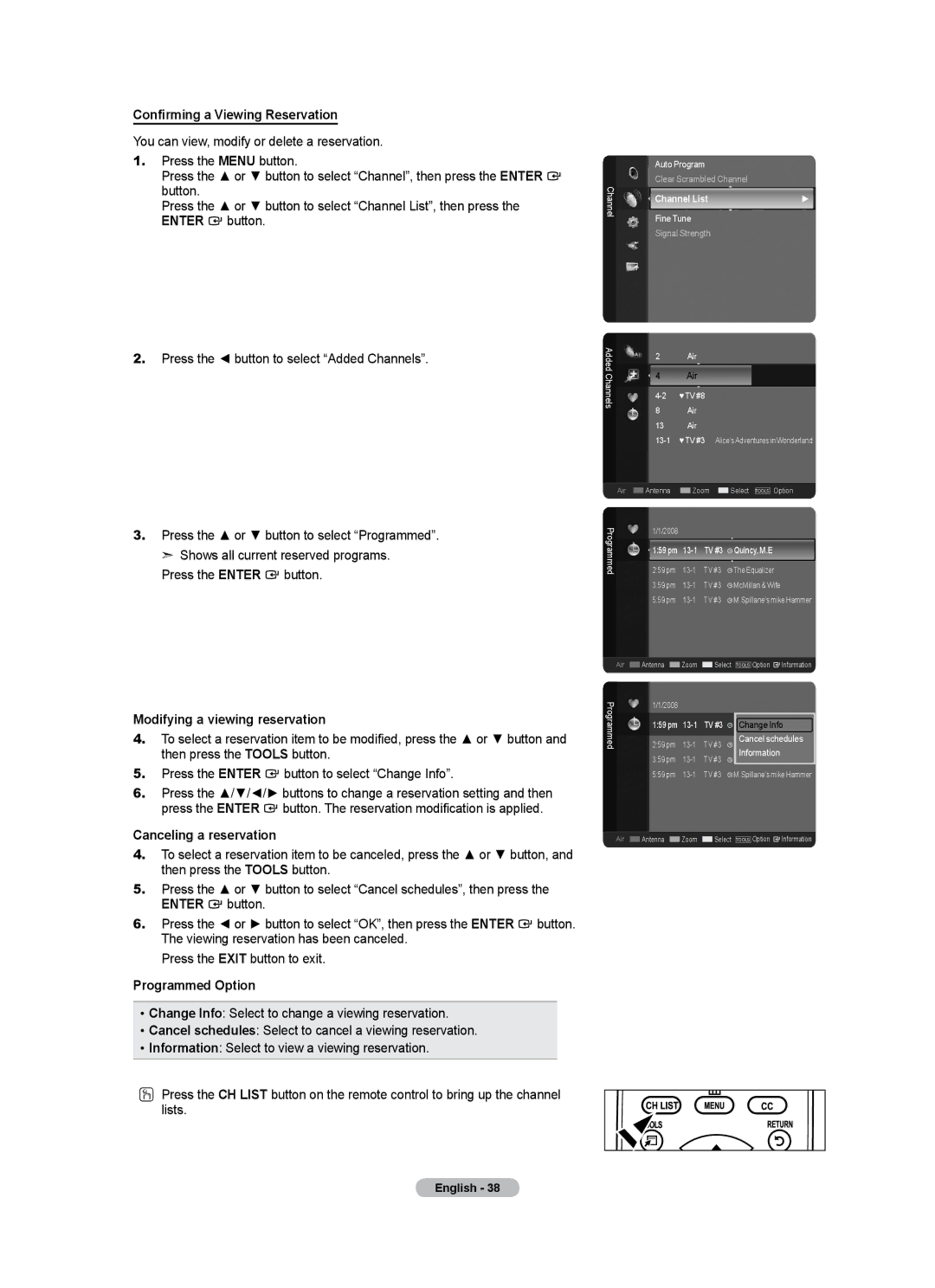 Samsung LN40A500T1F user manual Confirming a Viewing Reservation, Modifying a viewing reservation, Canceling a reservation 