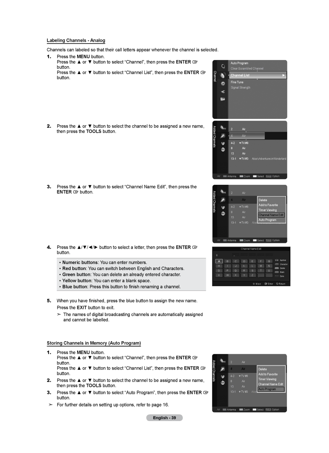 Samsung LN46A500T1F Labeling Channels Analog, Then press the Tools button, Storing Channels in Memory Auto Program 