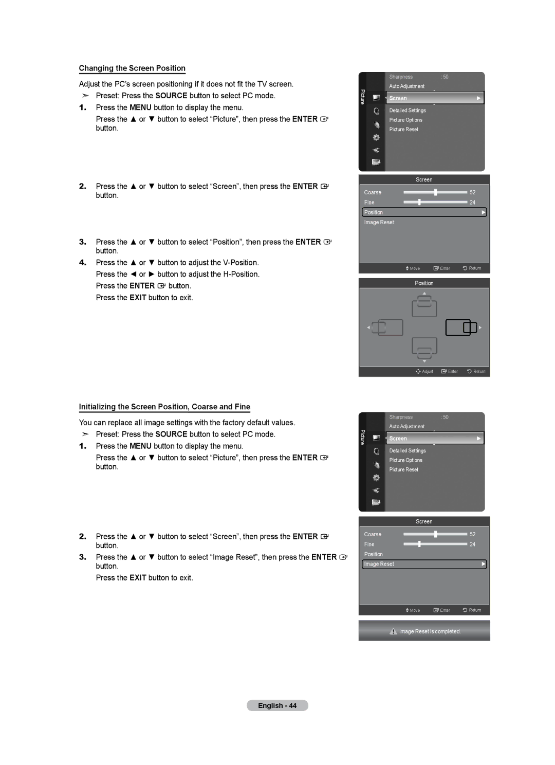 Samsung LN40A500T1F, LN46A500T1F user manual Changing the Screen Position, Initializing the Screen Position, Coarse and Fine 