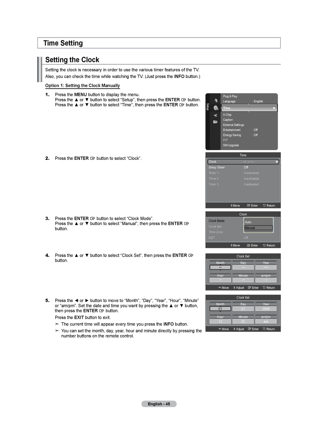 Samsung LN46A500T1F, LN40A500T1F user manual Time Setting Setting the Clock, Option 1 Setting the Clock Manually 