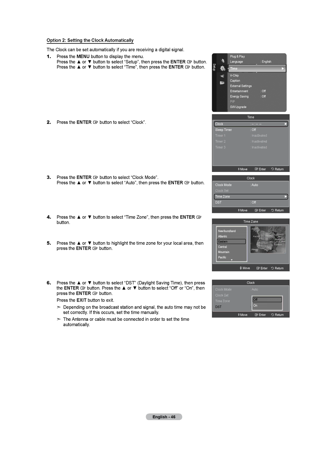 Samsung LN40A500T1F, LN46A500T1F user manual Option 2 Setting the Clock Automatically, Dst 