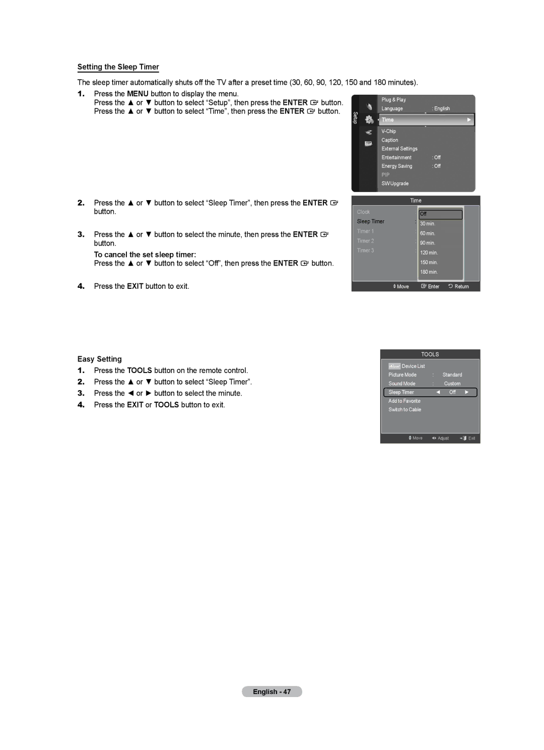 Samsung LN46A500T1F, LN40A500T1F user manual Setting the Sleep Timer, To cancel the set sleep timer 