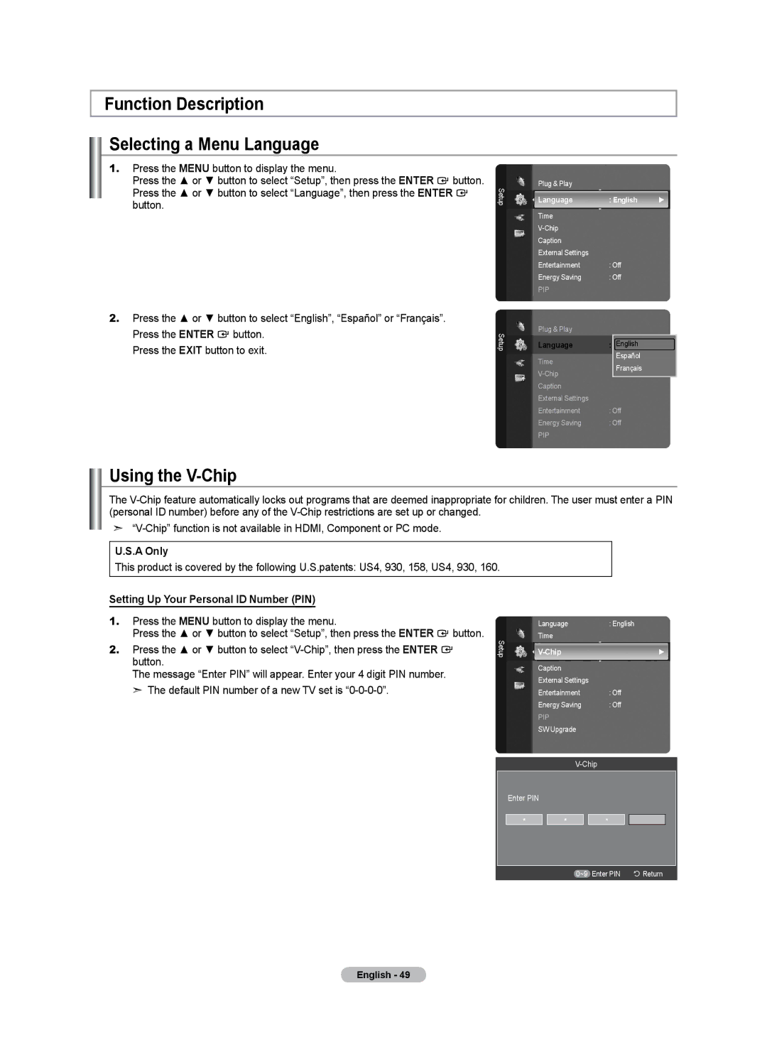 Samsung LN46A500T1F, LN40A500T1F user manual Function Description Selecting a Menu Language, Using the V-Chip 