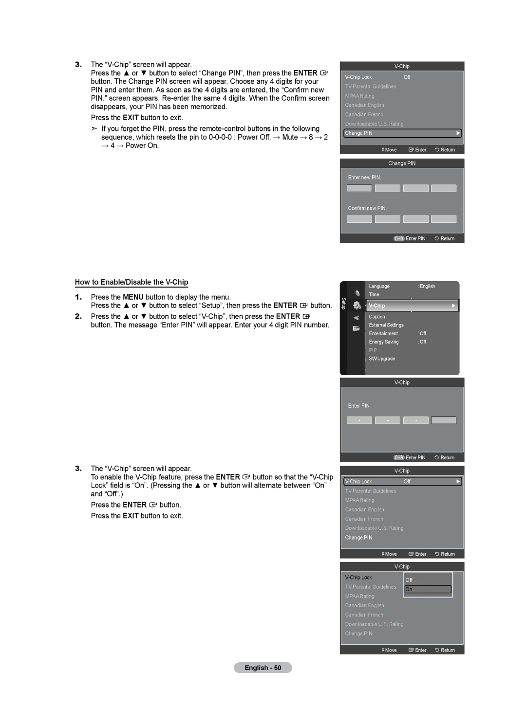 Samsung LN40A500T1F, LN46A500T1F user manual V-Chip screen will appear, How to Enable/Disable the V-Chip 