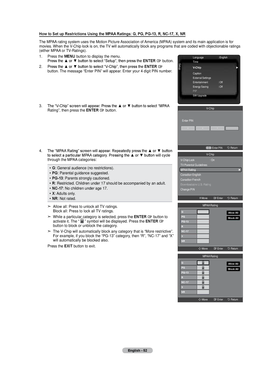 Samsung LN40A500T1F, LN46A500T1F user manual Chip Lock TV Parental Guidelines Mpaa Rating 