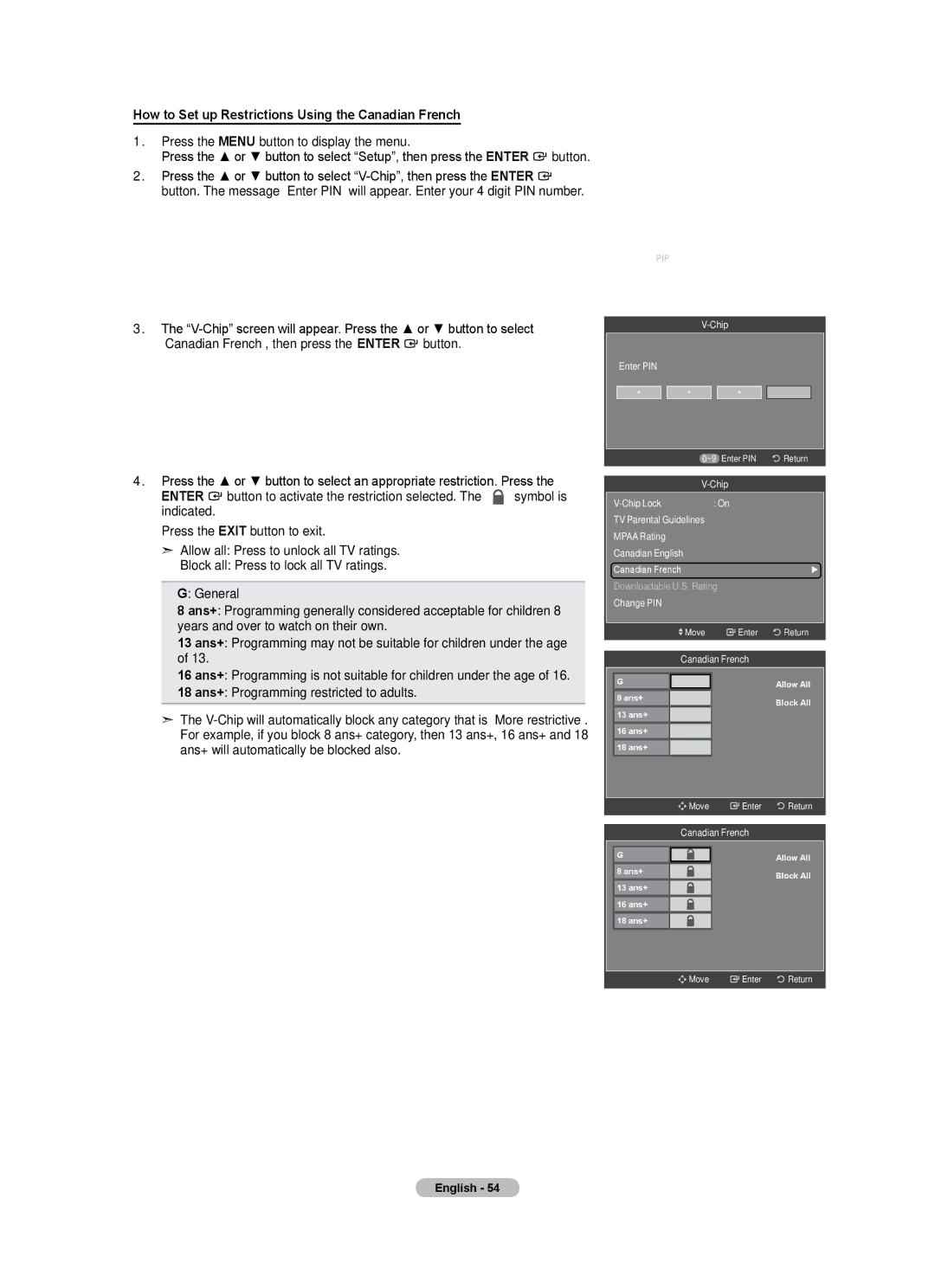 Samsung LN40A500T1F, LN46A500T1F user manual How to Set up Restrictions Using the Canadian French 