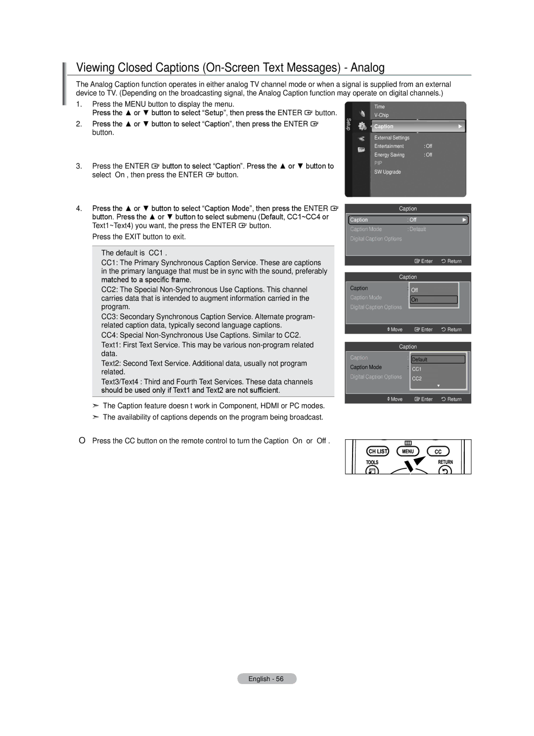 Samsung LN40A500T1F, LN46A500T1F user manual Viewing Closed Captions On-Screen Text Messages Analog 