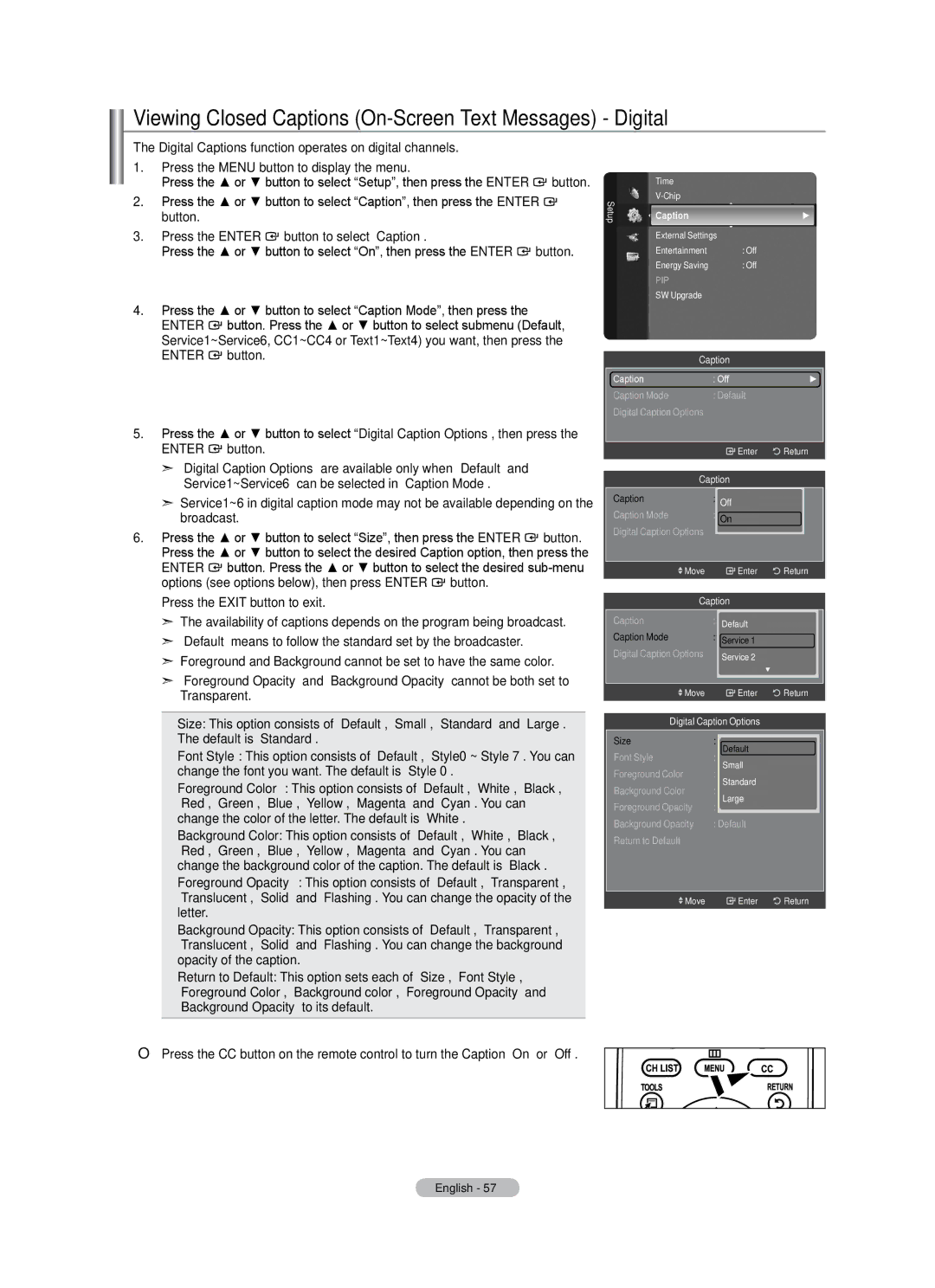 Samsung LN46A500T1F, LN40A500T1F user manual Viewing Closed Captions On-Screen Text Messages Digital 