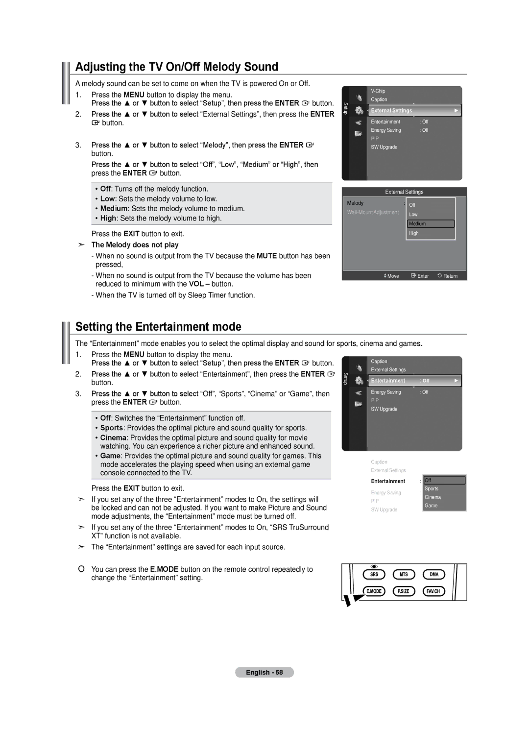 Samsung LN40A500T1F user manual Adjusting the TV On/Off Melody Sound, Setting the Entertainment mode, Melody does not play 