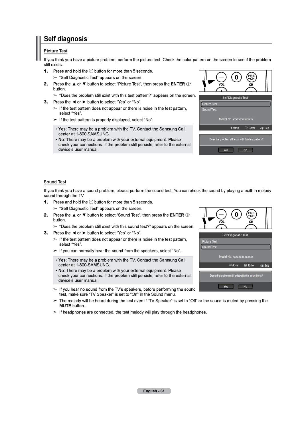 Samsung LN46A500T1F, LN40A500T1F user manual Self diagnosis, Picture Test, Sound Test 