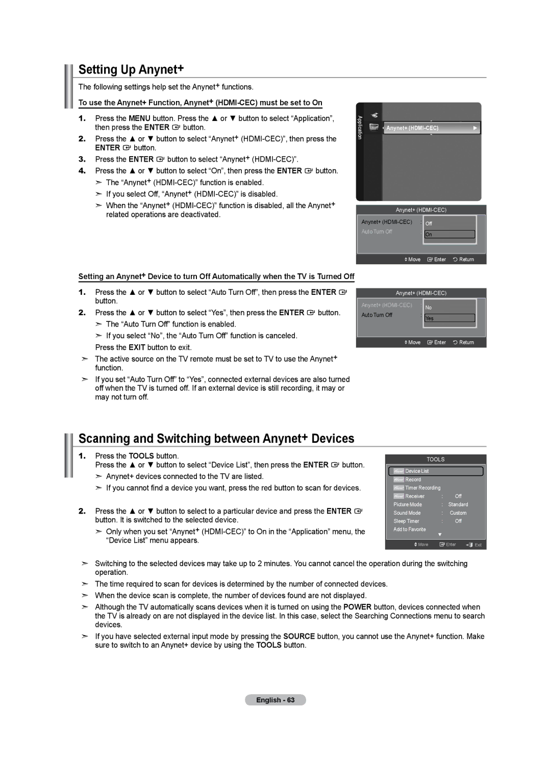 Samsung LN46A500T1F, LN40A500T1F Setting Up Anynet+, Scanning and Switching between Anynet+ Devices, Anynet+ HDMI-CEC 