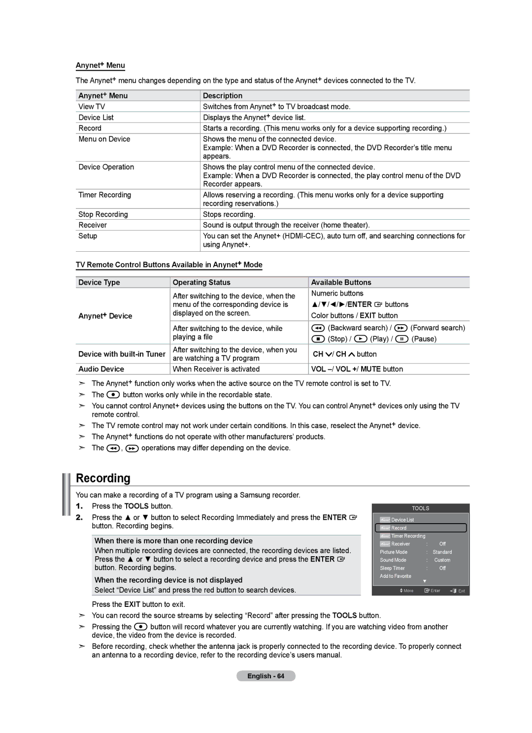 Samsung LN40A500T1F, LN46A500T1F user manual Recording 