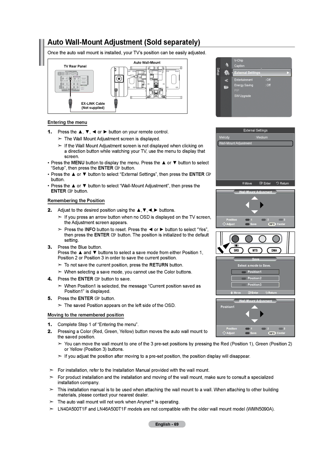 Samsung LN46A500T1F, LN40A500T1F Auto Wall-Mount Adjustment Sold separately, Entering the menu, Remembering the Position 