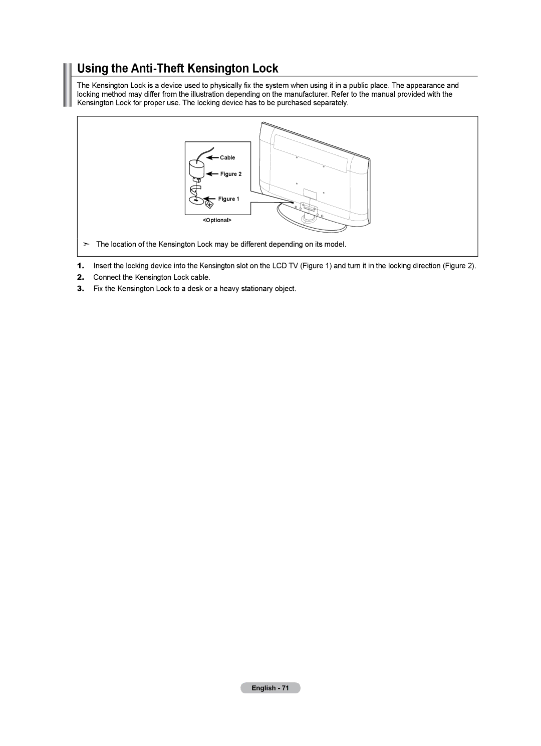 Samsung LN46A500T1F, LN40A500T1F user manual Using the Anti-Theft Kensington Lock 