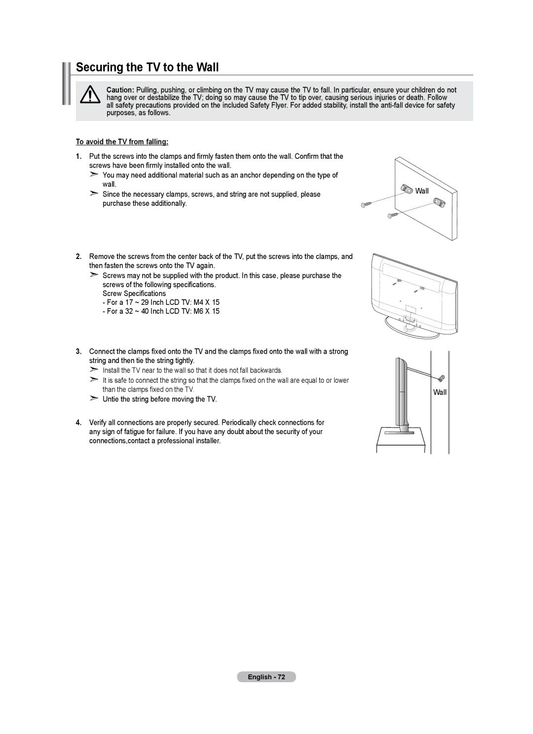 Samsung LN40A500T1F, LN46A500T1F user manual Securing the TV to the Wall, To avoid the TV from falling 