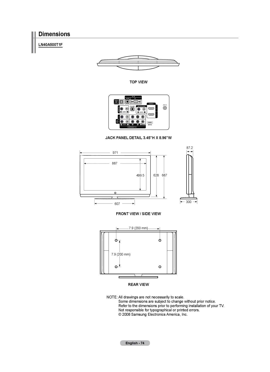 Samsung LN40A500T1F, LN46A500T1F user manual Dimensions, Rear View 