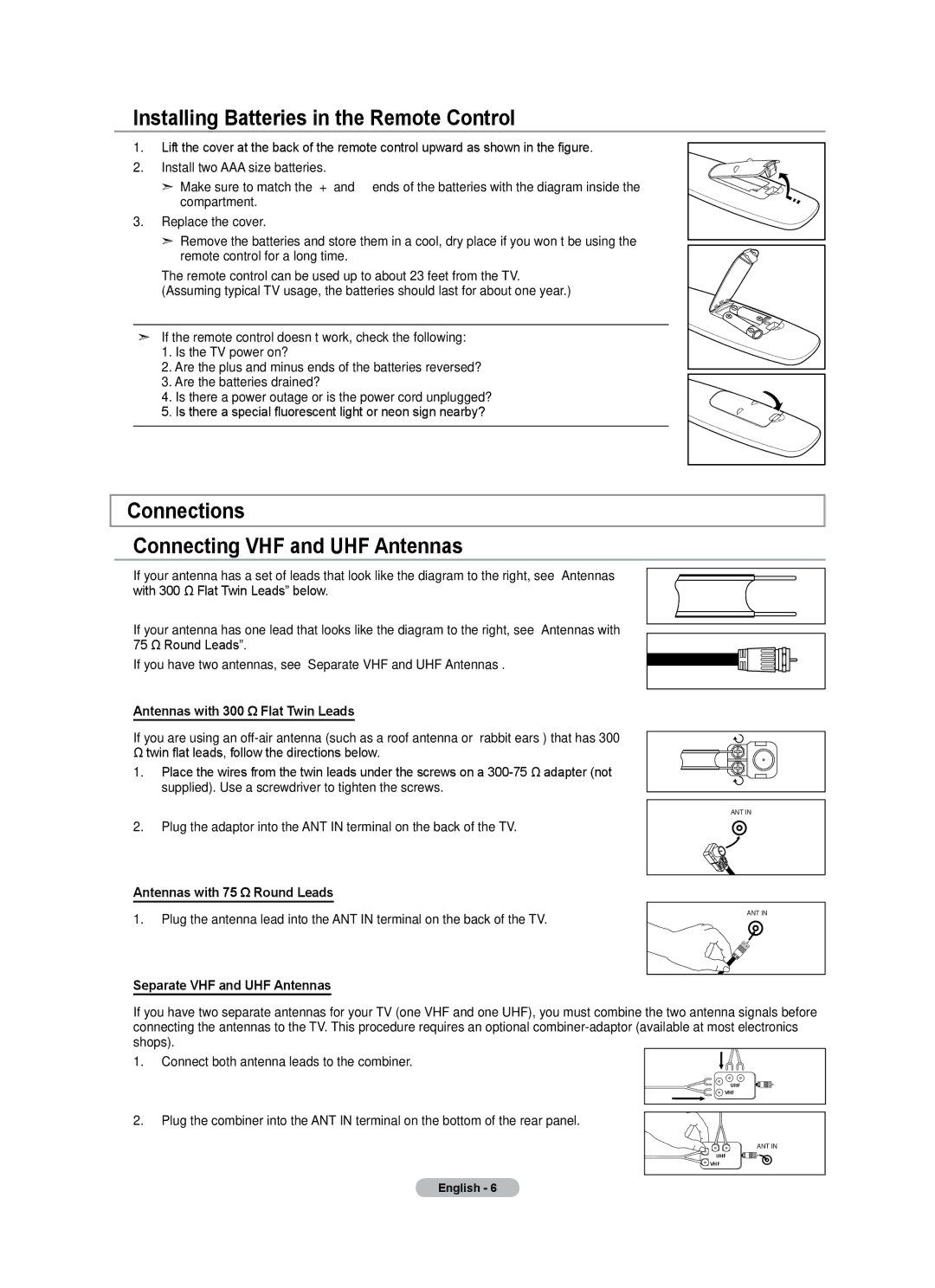 Samsung LN40A500T1F, LN46A500T1F Installing Batteries in the Remote Control, Connections Connecting VHF and UHF Antennas 