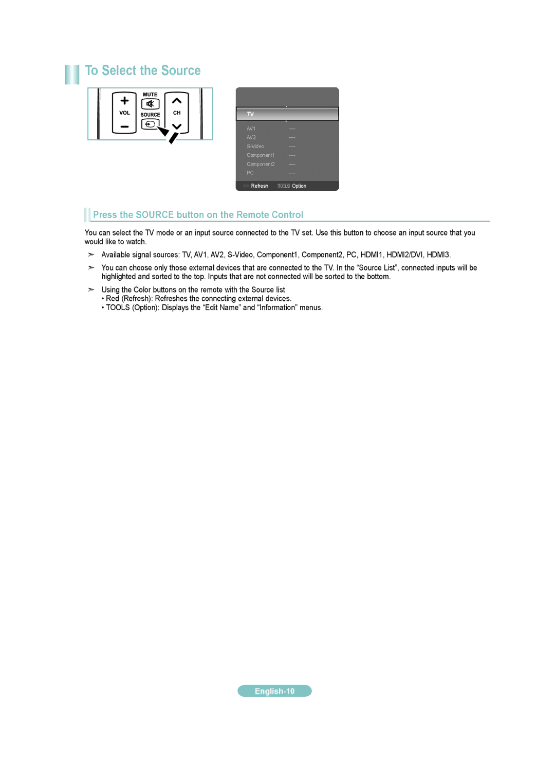 Samsung LN52A530PF, LN40A530PF, LN37A530PF, LN46A530PF To Select the Source, Press the Source button on the Remote Control 