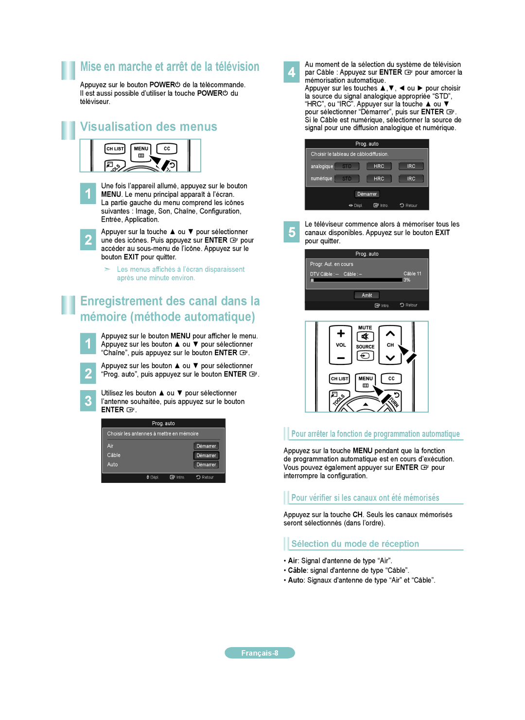 Samsung LN46A530PF Visualisation des menus, Pour vérifier si les canaux ont été mémorisés, Sélection du mode de réception 