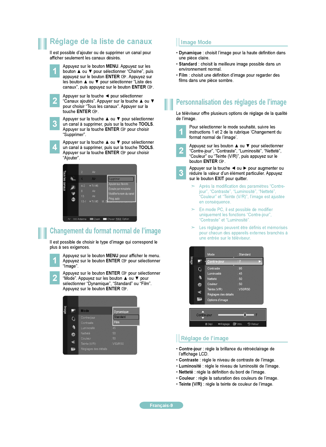 Samsung LN40A530PF, LN37A530PF, LN52A530PF, LN46A530PF setup guide Image Mode, Réglage de l’image 