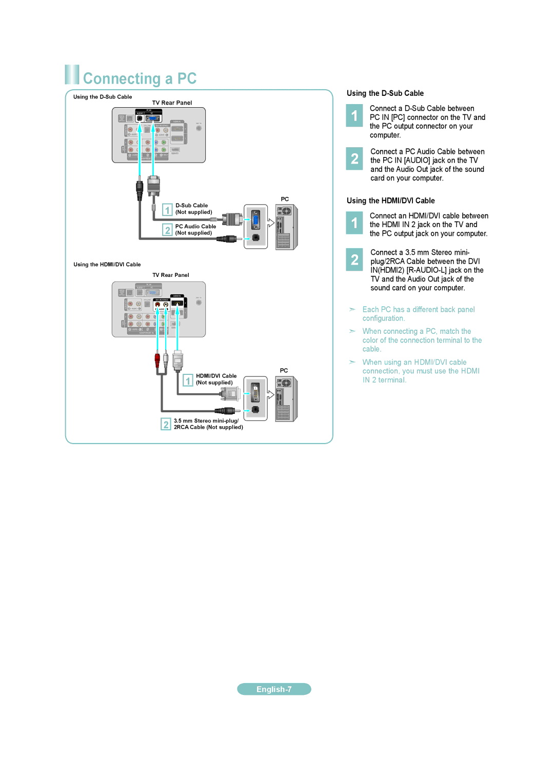 Samsung LN46A530PF Connecting a PC, Using the D-Sub Cable, Using the HDMI/DVI Cable, Connect an HDMI/DVI cable between 