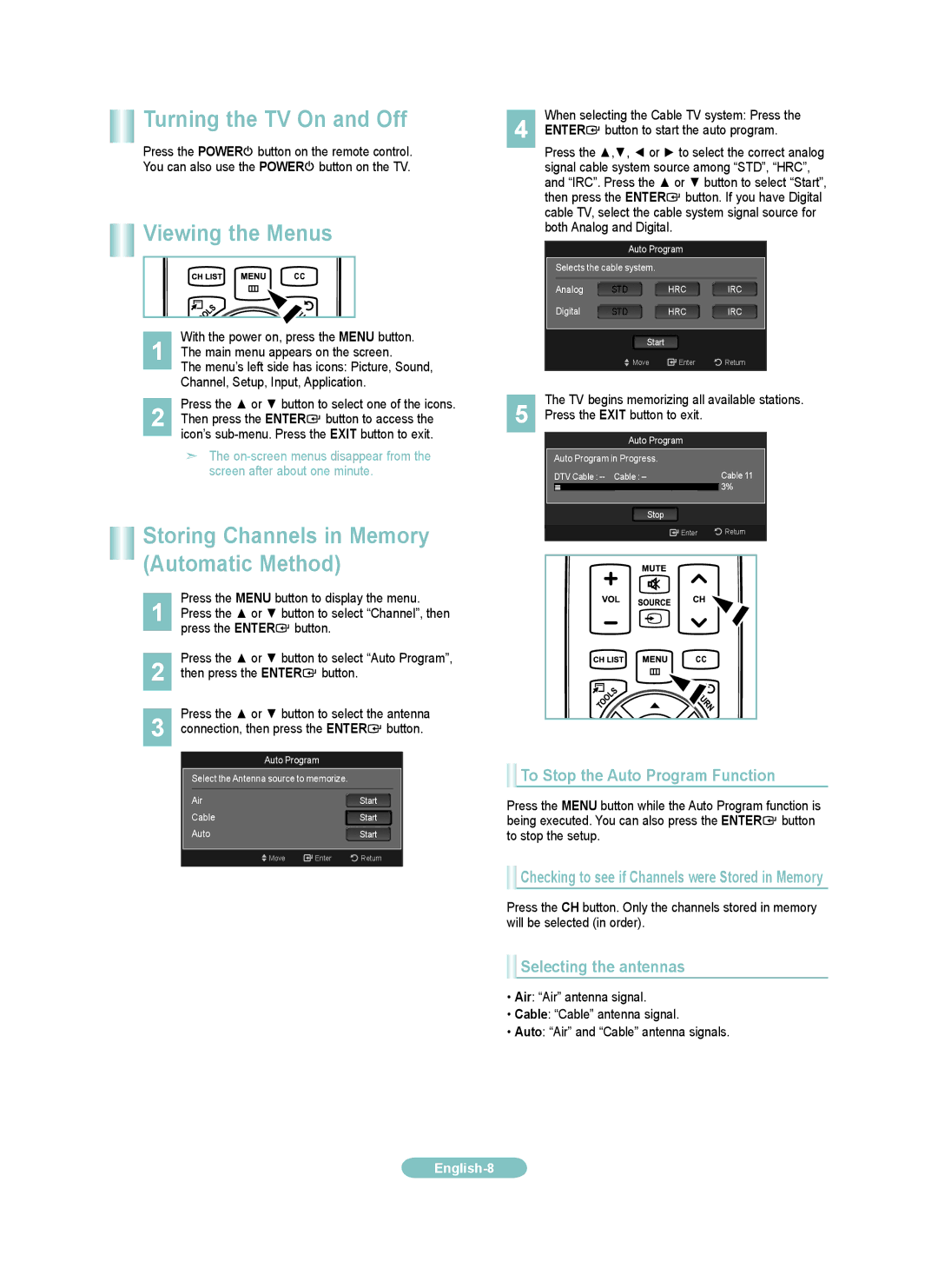 Samsung LN40A530PF, LN37A530PF Turning the TV On and Off, Viewing the Menus, Storing Channels in Memory Automatic Method 