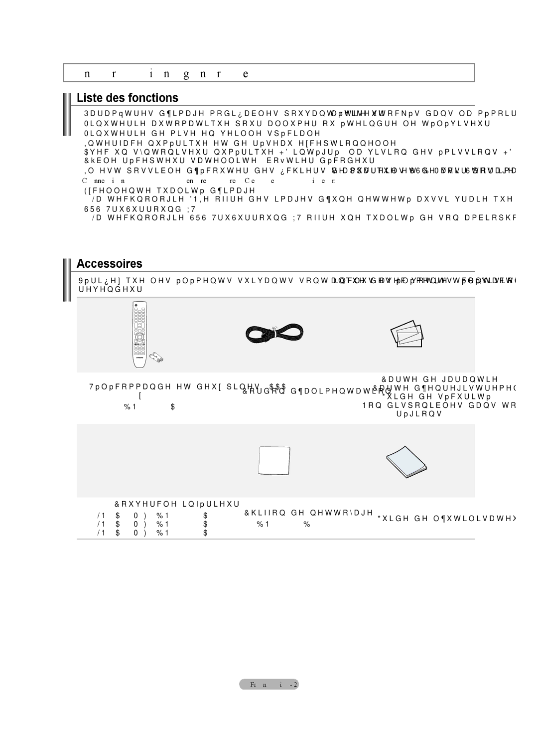 Samsung LN40A630M1F user manual Informations générales Liste des fonctions, Accessoires, Guide de l’utilisateur 