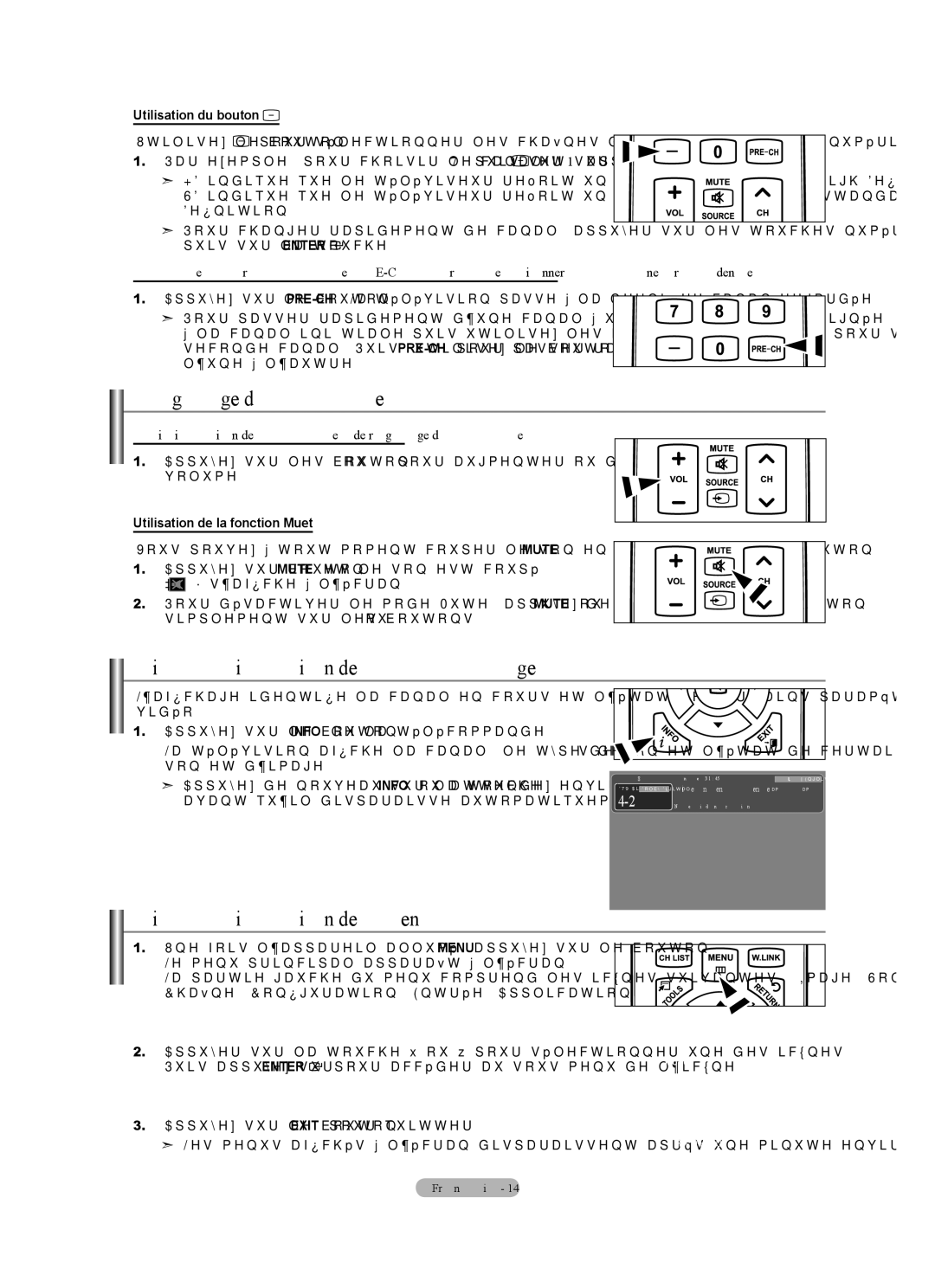 Samsung LN40A630M1F user manual Réglage du volume, Visualisation de l’affichage, Visualisation des menus 