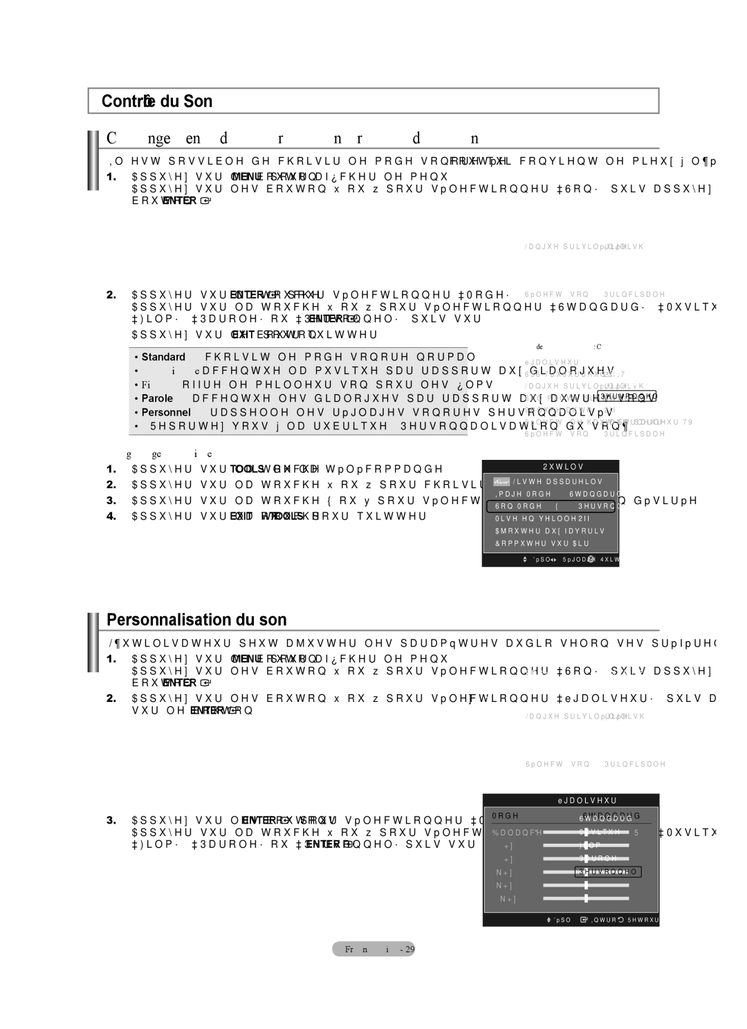 Samsung LN40A630M1F Contrôle du Son Changement du format normal du son, Personnalisation du son, Mode Personnel, Égaliseur 