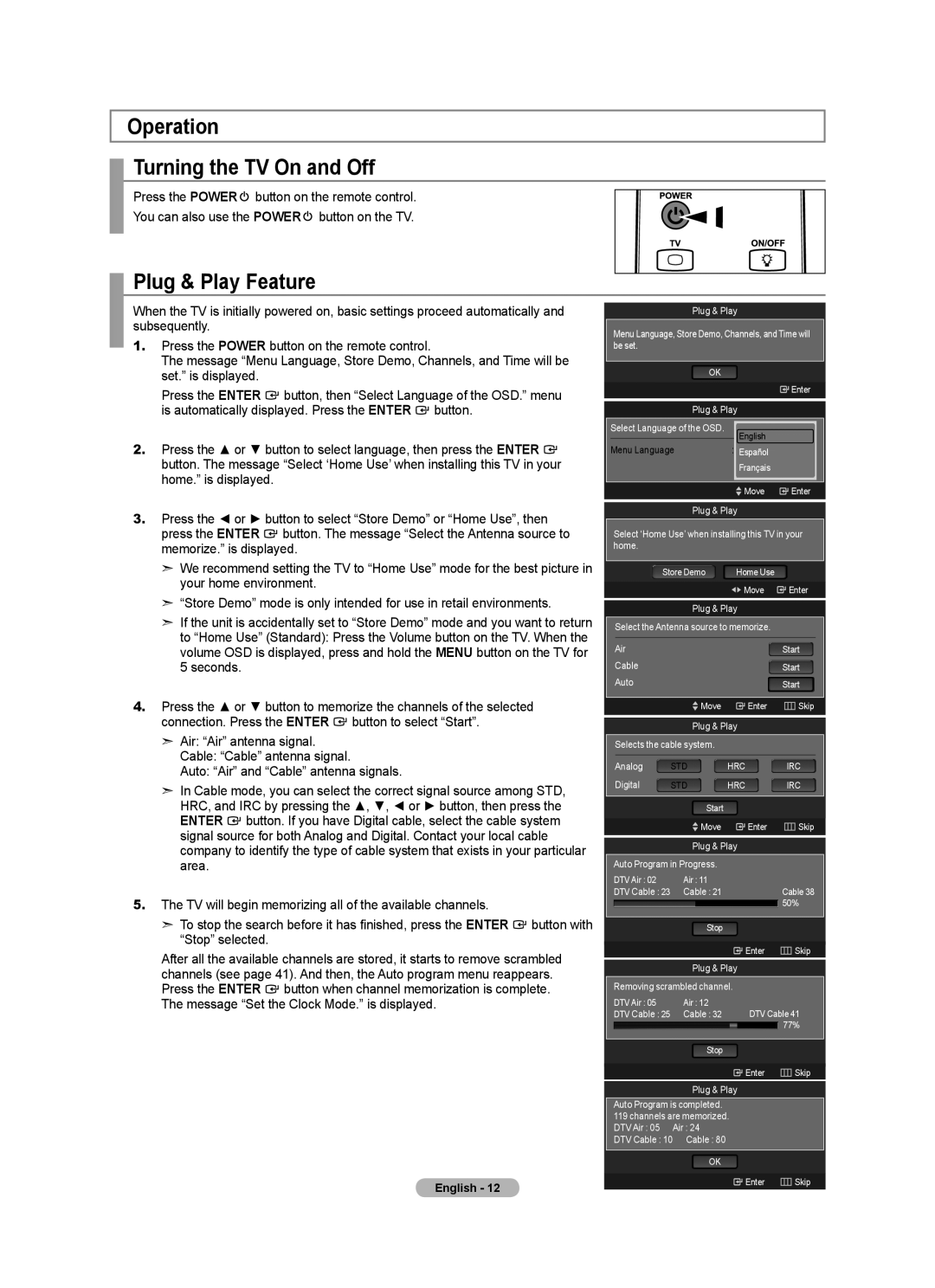 Samsung LN40A630M1F user manual Operation Turning the TV On and Off, Plug & Play Feature 