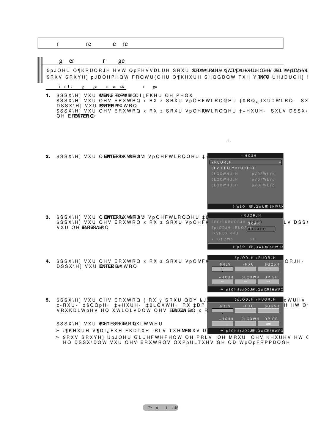 Samsung LN40A630M1F user manual Paramètre D’heure Régler l’horloge, Option 1 Réglage manuel de l’horloge, Heure 