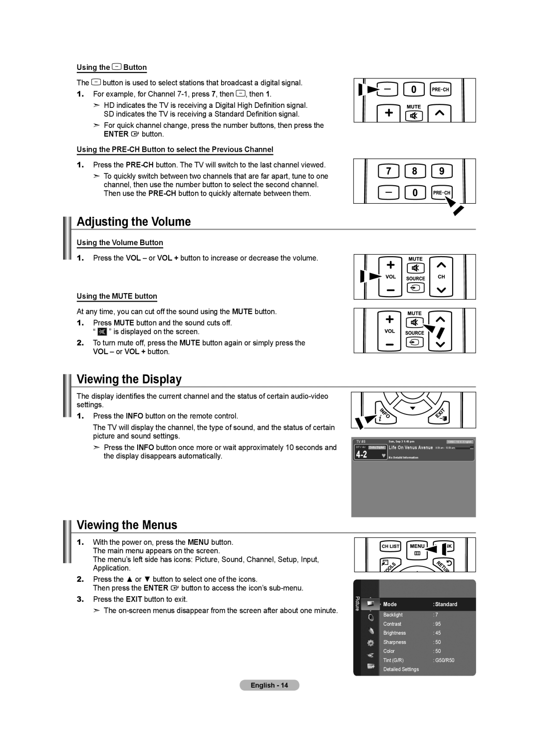 Samsung LN40A630M1F user manual Adjusting the Volume, Viewing the Display, Viewing the Menus 