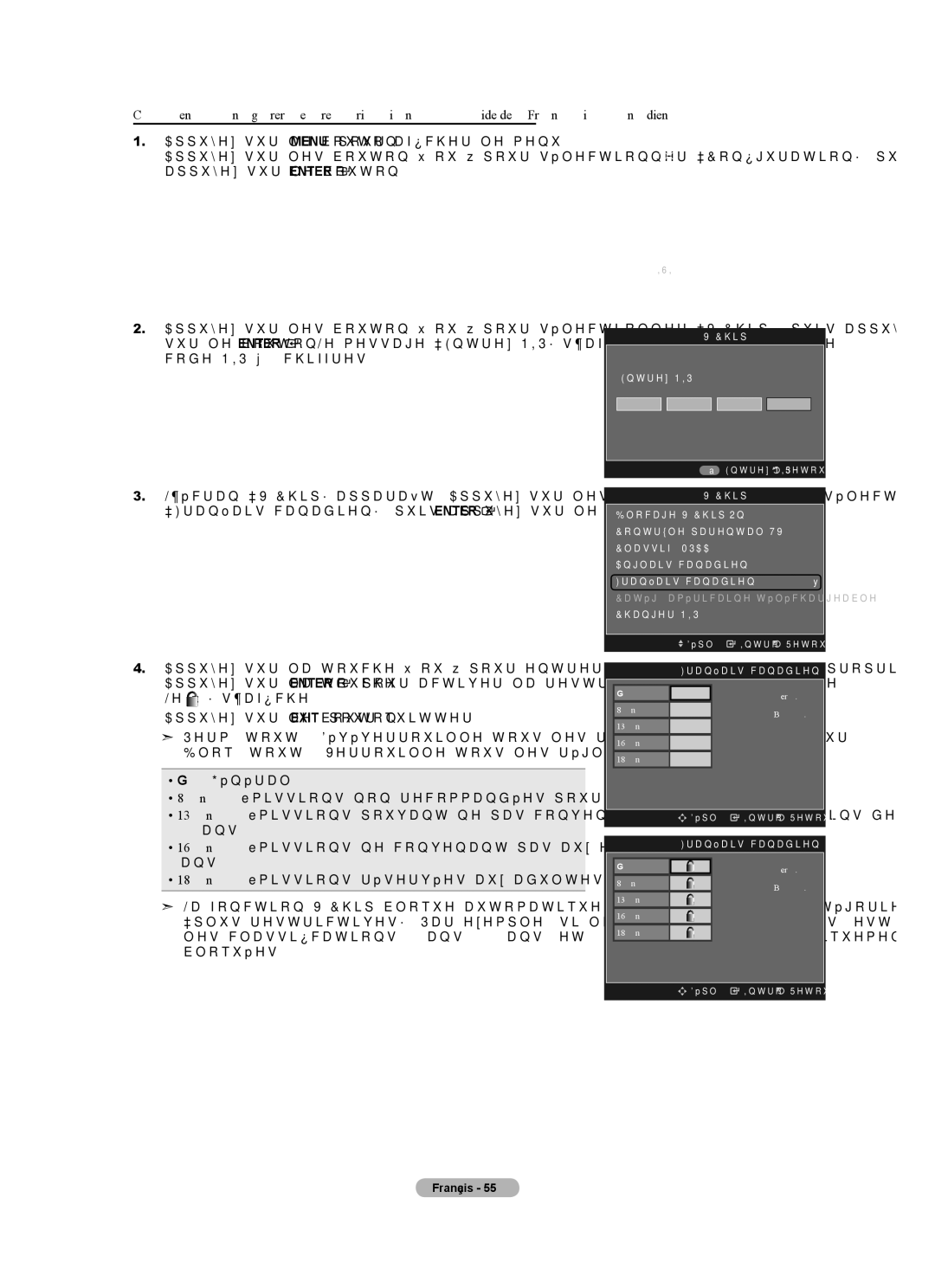 Samsung LN40A630M1F user manual Perm. tout Ans+ Bloq. tout 13 ans+ 16 ans+ 18 ans+ 