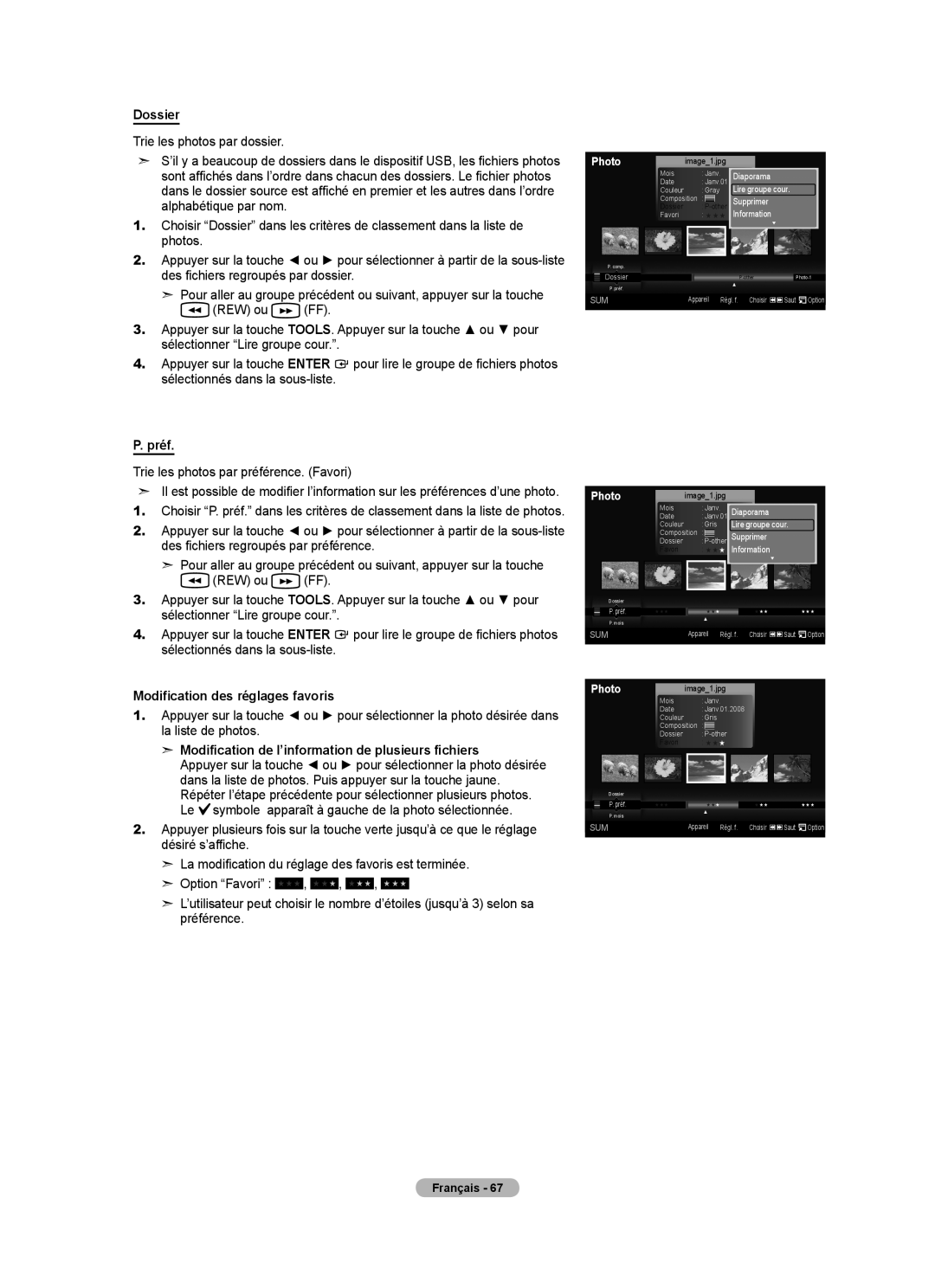 Samsung LN40A630M1F user manual Dossier, Préf, Modification des réglages favoris 