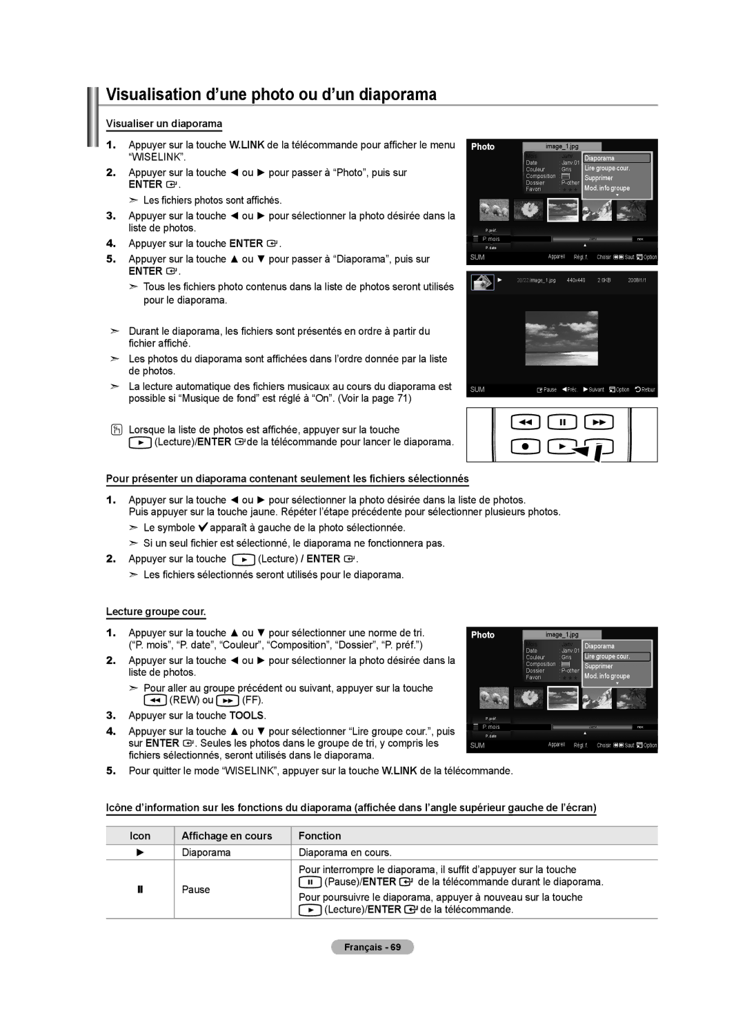 Samsung LN40A630M1F user manual Visualisation d’une photo ou d’un diaporama, Visualiser un diaporama, Lecture groupe cour 