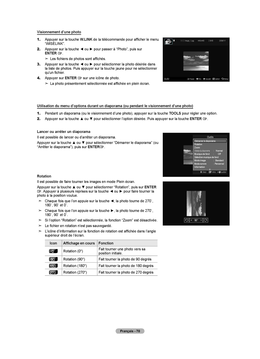 Samsung LN40A630M1F user manual Visionnement d’une photo, Lancer ou arrêter un diaporama, Rotation 