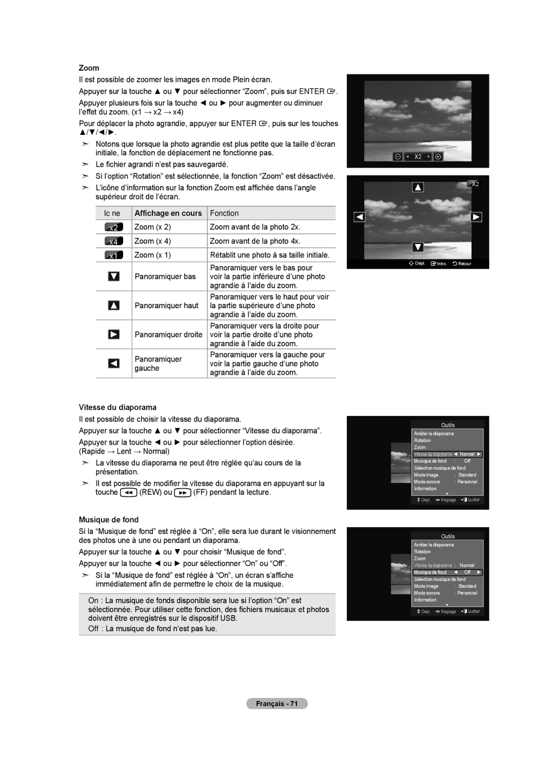 Samsung LN40A630M1F Il est possible de zoomer les images en mode Plein écran, Icône, Vitesse du diaporama, Musique de fond 